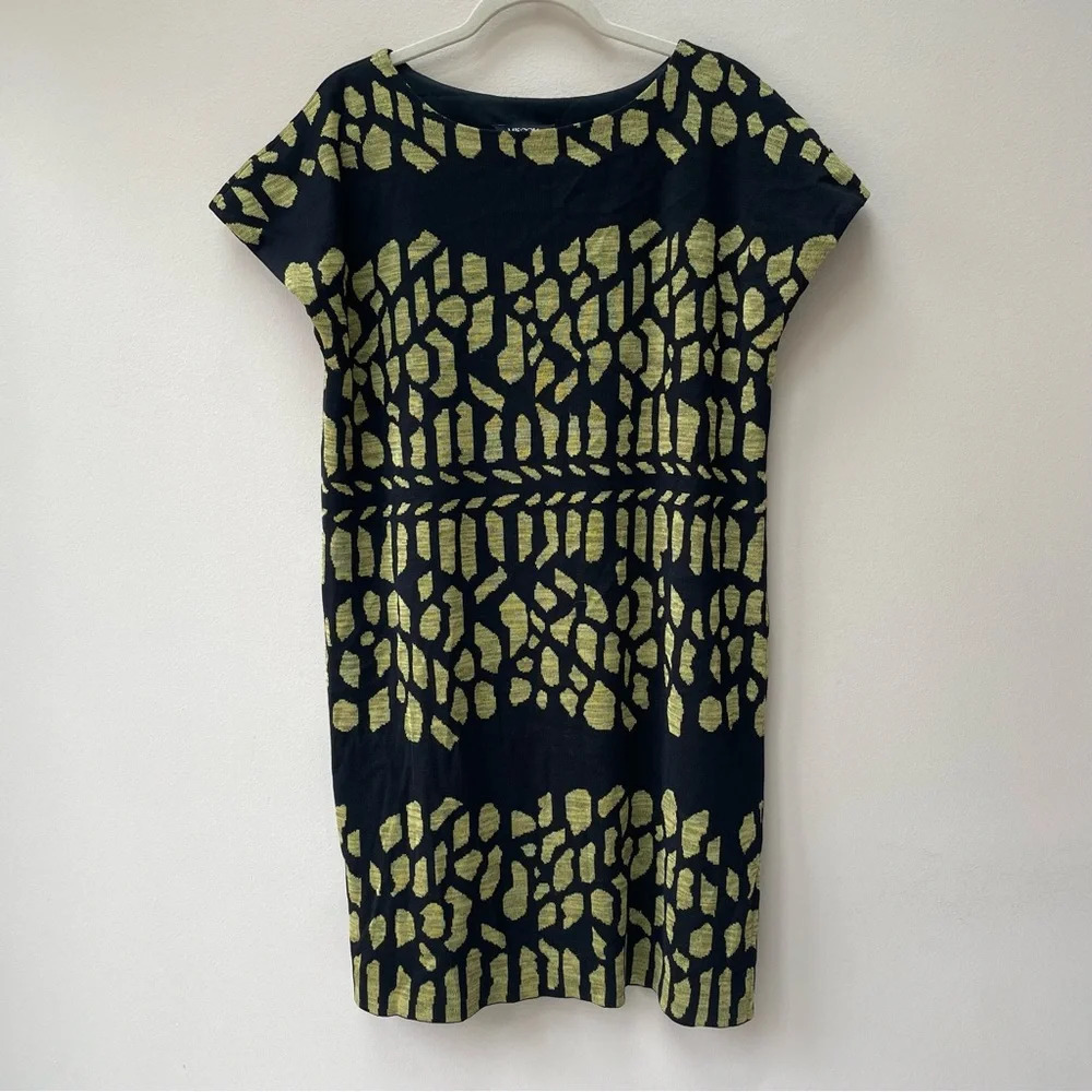 Misook Black Yellow Green Spotted Pattern Toula Cap Sleeve Graphic Dress Size L - Picture 3 of 7